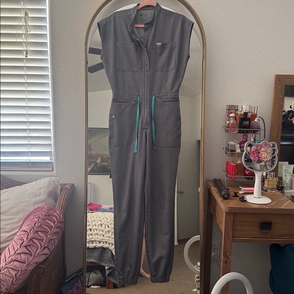 Figs Women's Charcoal Grey Jumpsuit with Teal Drawstring